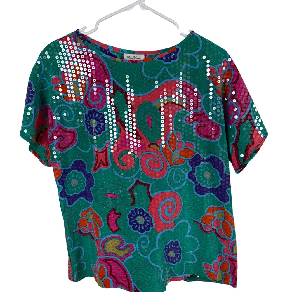 Vtg Rickie Freeman Top Womens 10 Green Pink Silk Sequins 90s Maximalist Dopamine